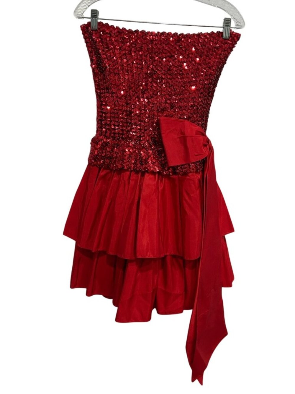 Flirtations Red Strapless Sequin Party Dress Bow Tiered Romanticcore Vintage 80s
